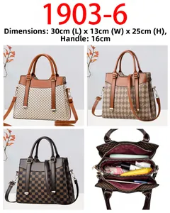 Detail view of internal multi-compartment layers and diverse geometric printed tote bags