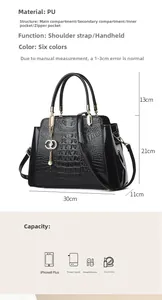 Detailed size and capacity guide for black crocodile texture PU leather handbag