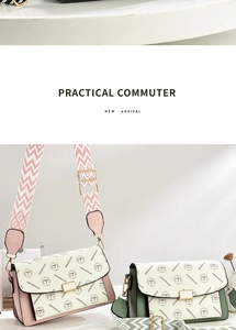 Detail of printed crossbody bags with wide patterned straps and magnetic closures