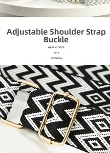 Macro detail of geometric patterned shoulder strap with adjustable gold metal buckle