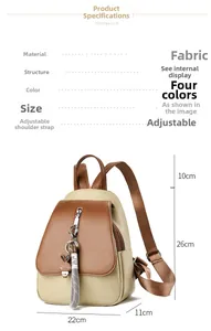 Détails du sac à dos bicolore en tissu avec dimensions 22x26x11cm et bretelles réglables