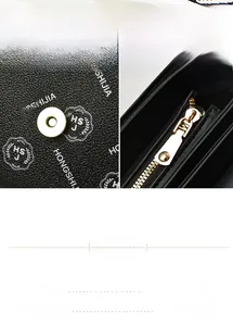 Detail of premium golden magnetic buckle and metal zipper on black printed shoulder bag