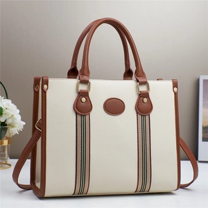 Large Capacity PU Leather Tote Bag With Striped Webbing Contrast Color Handbag Commuter Casual Travel Women Shoulder Bag