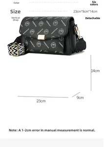 Detailed view of printed shoulder bag showing dimensions 23x9x14cm and geometric strap
