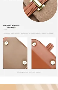 Detail of high-quality gold magnetic anti-theft clasp on brown leather crossbody bag