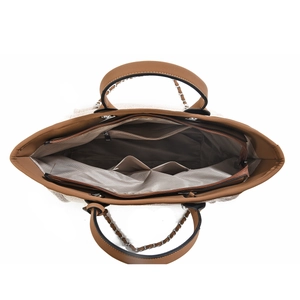 Interior view of brown tote bag showing main compartment, zipper pocket and slot pockets