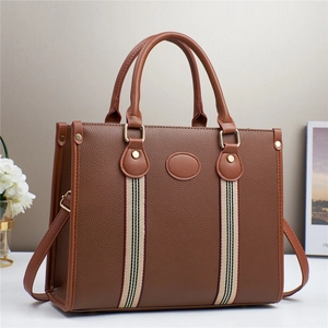 Large capacity dark brown litchi pattern tote bag with decorative striped ribbon