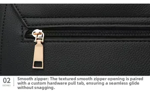Close-up of black lychee grain leather handbag featuring smooth golden metal zipper detail