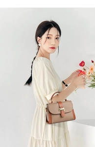 Detail view of khaki and brown small square bag with gold buckle and top handle