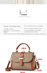 Detail view of tan crossbody bag with dimensions 24cm by 11cm by 17cm and magnetic buckle