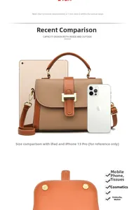 Detailed size comparison and capacity view of the two-tone leather crossbody bag