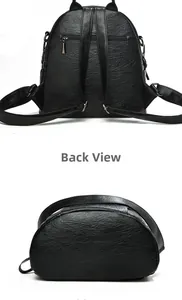 Detailansicht des schwarzen PU-Lederrucksacks mit Reißverschlussfach und Bodennaht