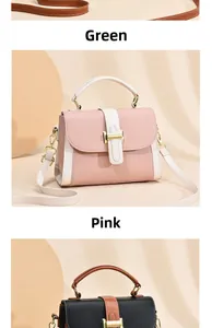 Detail view of lychee leather handbags in green, pink and brown with golden H buckles