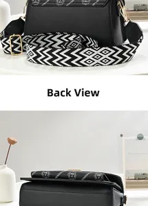 Detailed back view of black leather crossbody bag with geometric wide strap and gold hardware