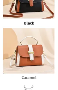 Detailed view of two-tone crossbody bags in black and caramel with gold buckles