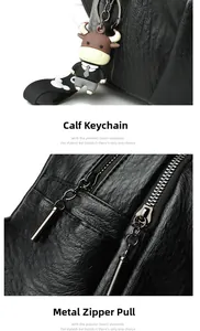 Detail eines hochwertigen Lederrucksacks mit Metall-Reißverschlüssen und Kalbs-Anhänger