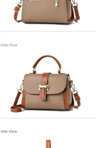 Side view detail of two-tone crossbody bag with lychee texture and gold buckle