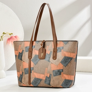 Retro color-block large tote bag with patchwork faux leather design and slim handles