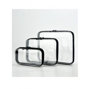 Set van 3 transparante PVC make-up tasjes waterdicht met zwarte rits en rand