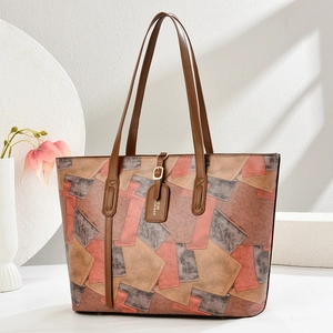 Minimalist color block large tote bag with pink and grey geometric faux leather panels
