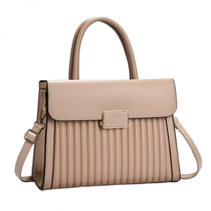 Elegant beige accordion pleat tote bag with gold buckle and adjustable strap