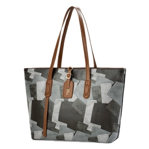 Large color-block tote bag with geometric panels and brown handles for women
