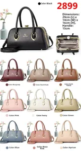 Close-up of leather handbag dimensions and diverse color palette including 10 trendy options