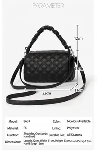 Detailed size specifications for the quilted PU leather handbag with dimensions shown
