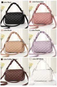 Collage of quilted crossbody bags in black, pink, khaki, purple, coffee, and off-white colors