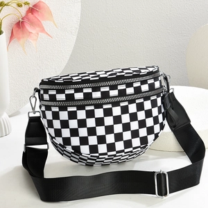 Damen Gürteltasche mit breitem Gurt Doppelreißverschluss Oxford PU-Leder Schachbrett Halbmond Umhängetasche Reiseschmuck