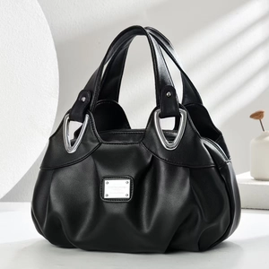 Large Capacity PU Leather Dumpling Handbag For Women Minimalist Pleated Shoulder Bag Casual Daily Tote With Silver Hardware