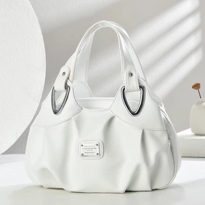 Minimalist large capacity white tote bag with ruched texture and silver metal hardware
