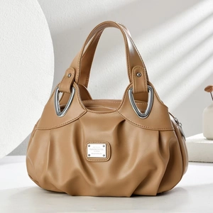 Chic khaki large capacity handbag with silver triangle hardware and pleated leather base