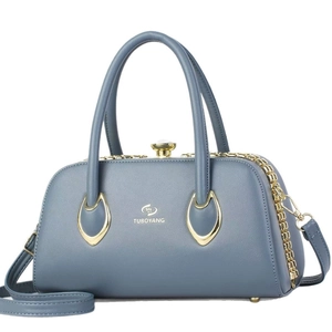 Chic blue PU leather handbag with gold TUBOYANG logo and detachable shoulder strap