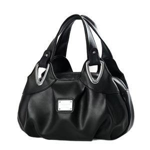 Large capacity black ruched faux leather handbag with silver triangular rings and top handles