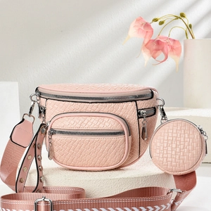Pink woven texture crossbody bag with multi-pocket design and wide rivet canvas strap