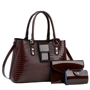 Brown lizard embossed 3-piece handbag set with tote, envelope wallet and card pouch