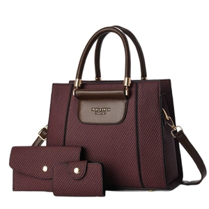 3-piece burgundy tote bag set with woven texture, including wallet and card holder