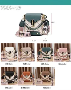 Detailed size chart and multi-color display of quilted mini crossbody bags with bear charm