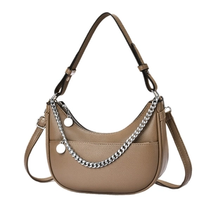 Khaki crescent dumpling bag with lychee grain leather and silver metal chain detail