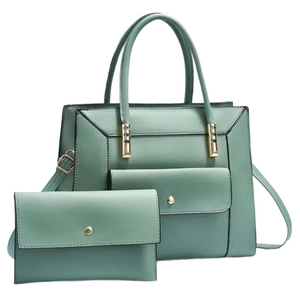 Two-piece sage green tote bag and envelope clutch set in matte PU leather with metal buckle