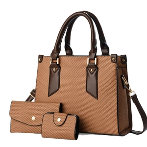 Brown woven 3-piece handbag set featuring a tote, clutch, and wallet with gold hardware