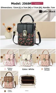 Detail view of mini bucket bag with cherry print showing 13x7x17cm dimensions