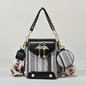 Women Bohemian Woven Crossbody Handbag PU Leather Small Square Bag With Round Coin Purse Wide Letter Strap Animal Buckle Shoulder Bag