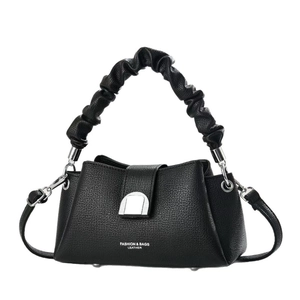 Elegant black lychee leather handbag with pleated handle and silver buckle on white background
