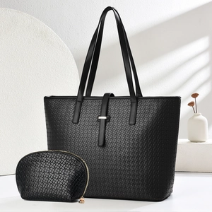 Women Woven Texture Tote Bag 2 Piece Set Large Capacity PU Leather Shoulder Handbag With Small Pouch For Daily Commuter