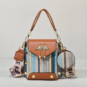 Bohemian woven handbag with flamingo buckle and pink letter print shoulder strap