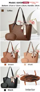 Detailed view of large woven tote bag set with dimensions and interior pocket layout