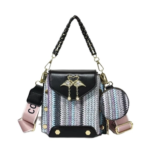 Colorful woven handbag with flamingo heart clasp and wide pink logo shoulder strap