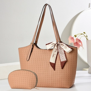 Beige textured tote bag set with patterned silk scarf and matching zippered pouch